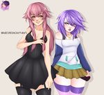  2girls artist_name black_dress blue_eyes crossover dress gasai_yuno law-zilla mirai_nikki multiple_girls necklace pink_hair purple_hair red_eyes ribbon rosario+vampire shirayuki_mizore simple_background skirt thighhighs 