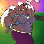 anthro belly big_breasts breasts canine clothing dress eyewear fan_character farseer female forest fox glasses hammer huge_breasts mammal multi_tail slightly_chubby solo sunset thedartkid thick_thighs tools tree warhammer_(franchise) warhammer_40000 wide_hips 