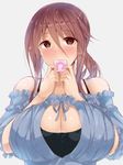  blush breasts brown_eyes brown_hair cleavage condom highres huge_breasts idolmaster idolmaster_cinderella_girls long_hair looking_at_viewer mifune_miyu poko_chin ponytail solo 