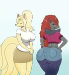  2016 anthro anthrofied big_breasts big_butt breasts butt canine clothing duo edit fan_character female fox hair looking_at_viewer looking_back mammal monochrome multi_tail ninetales nintendo orange-peel pok&eacute;mon pok&eacute;morph rose_(character) star_(character) video_games voluptuous wide_hips zoroark 