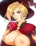  alternate_costume bad_id bad_tumblr_id blonde_hair blue_eyes breasts earrings hat jewelry light_smile lips long_hair looking_at_viewer medium_breasts mercy_(overwatch) mole mole_on_breast mole_on_neck mole_under_eye naughty_face nipples overwatch simple_background solo superboin topless white_background witch_hat witch_mercy 