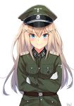  artist_name belt blonde_hair blue_eyes blush brown_belt commentary_request crossed_arms emblem epaulettes eyebrows eyebrows_visible_through_hair german germany gloves hair_between_eyes hair_ornament hairclip hat highres iron_cross karo-chan long_hair long_sleeves looking_at_viewer medal military military_hat military_uniform nazi original peaked_cap reichsadler signature sigrunen simple_background smile solo straight_hair totenkopf uniform waffen-ss white_background white_gloves world_war_ii 