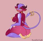  2016 anthro areola big_breasts big_butt breasts butt clementine_(shadow-teh-wolf) demon ear_piercing english_text female fur green_eyes hair liveforthefunk looking_at_viewer nipples nude piercing pink_fur purple_fur purple_hair side_boob signature sitting smile solo text yellow_nipples yellow_sclera yellow_tongue 