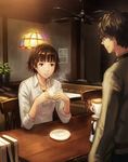  1girl amamiya_ren anbe_yoshirou bangs black_hair blunt_bangs book braid brown_eyes brown_hair cafe ceiling_fan chair coffee coffee_mug coffee_pot collared_shirt counter crown_braid cup elbow_rest glasses hanging_light highres holding holding_cup indoors long_sleeves looking_at_another mug niijima_makoto parted_lips persona persona_5 plant potted_plant profile red_eyes saucer shirt short_hair smile steam twitter_username white_shirt 