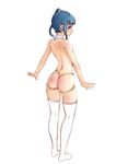  ass blue_eyes blue_hair collar diathorn from_behind g-string highres looking_at_viewer looking_back panties pointy_ears profile shoulder_blades side_ponytail solo thighhighs thong topless underwear 