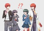  /\/\/\ 2boys 2girls akabane_karma ansatsu_kyoushitsu apple arm_at_side bag bangs belt black_eyes black_hair black_jacket black_neckwear black_pants blazer blue_jacket blue_skirt braid bread breasts carrying_under_arm cat_princess closed_mouth collared_shirt cowboy_shot crossover dress_shirt erlenmeyer_flask eye_contact eyebrows eyebrows_visible_through_hair food frown fruit glasses green_hair grey_background grey_jacket grey_pants grey_skirt gym_uniform hair_between_eyes hand_in_pocket handbag haori holding holding_food jacket japanese_clothes juice_box kyoukai_no_rinne long_hair long_sleeves look-alike looking_at_another looking_back mamiya_sakura miniskirt multiple_boys multiple_girls neck_ribbon necktie okuda_manami pants pleated_skirt popped_collar red_eyes red_hair red_ribbon ribbon rokudou_rinne school_uniform shirt simple_background skirt small_breasts standing surprised trait_connection twin_braids twintails white_shirt wide_sleeves wrapper yellow_eyes 