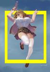  ;d breasts brown_eyes brown_hair energy_gun highres large_breasts looking_at_viewer midair narusawa_ryouka necktie occultic;nine one_eye_closed open_mouth plaid plaid_skirt ranhao2181547 ray_gun short_hair skirt smile solo striped striped_neckwear thighhighs thighs weapon white_legwear 