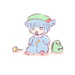  1girl backpack bag blue_eyes blue_hair hair_bobbles hair_ornament highres kawashiro_nitori key pacifier sketch solo toddler touhou two_side_up white_background yoruny 