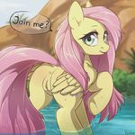  2016 absurd_res anus butt cutie_mark dialogue english_text equine feathered_wings feathers female fensu-san feral fluttershy_(mlp) friendship_is_magic hair hi_res hooves long_hair looking_at_viewer mammal my_little_pony outside pegasus pink_hair pussy smile solo text water wet wings 