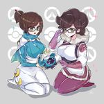  adjusting_eyewear breasts brown_eyes brown_hair capelet cosplay costume_switch crossover fur_trim glasses gloves green_eyes hair_bun hair_ornament hair_stick hairpin highres large_breasts mei_(overwatch) mei_(overwatch)_(cosplay) multiple_girls overwatch pokemon pokemon_(game) pokemon_sm rinrin_(hiouurin) robot seiza short_hair sitting snowball_(overwatch) turtleneck wicke_(pokemon) wicke_(pokemon)_(cosplay) winter_clothes 