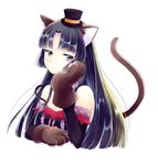  animal_ears bangs bare_shoulders black_eyes black_hair breasts cat_ears cat_tail closed_mouth eyebrows eyebrows_visible_through_hair eyelashes frills frown gloves hand_on_own_cheek hat head_rest kyou_(karankoron) kyoukai_no_rinne lace_trim long_hair looking_at_viewer mini_hat parted_bangs paw_gloves paws ribbon_trim shima_renge simple_background small_breasts solo strap_slip tail upper_body white_background 