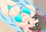  bikini blue_eyes blush breasts brown_hair cleavage front-tie_bikini front-tie_top groin hair_ornament kantai_collection looking_at_viewer maya_(kantai_collection) medium_breasts mikami_(yuetumapo) multi-strapped_bikini navel outstretched_arm smile solo swimsuit towel x_hair_ornament 