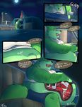  2016 anthro arm_hair belly big_belly black_nose blue_eyes body_hair canine chef_wuffie clothed clothing clothing_lift comic detailed_background dialogue digital_media_(artwork) dragon driving duo english_text eyes_closed fluffy fluffy_tail fur furred_dragon green_fur green_tail hi_res hyper hyper_belly internal larger_male male mammal meteonyker moon multicolored_fur multiple_scenes night nude onomatopoeia open_mouth outside overweight overweight_male pink_tongue plantigrade red_fur shirt shirt_lift shorts signature size_difference sky smaller_male solo_focus sound_effects speech_bubble standing star starry_sky street_lamp sweat tanio tank_top teeth text tongue truck vehicle vore white_fur wolf 