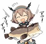  ^_^ ^o^ brown_hair closed_eyes commentary fish gloves headgear holding_fish kanikama kantai_collection mutsu_(kantai_collection) open_mouth pun short_hair simple_background too_literal translated upper_body white_background white_gloves 