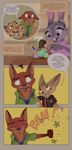  anthro benjamin_clawhauser black_nose buckteeth canine cheetah clothed clothing comic dialogue disney dress english_text feline female fennec finnick fox fru_fru fur green_eyes grey_fur hi_res hug judy_hopps lagomorph littlepolka male mammal mustelid necktie nick_wilde pink_nose pregnant punch purple_eyes rabbit red_fur shrew size_difference sound_effects star teeth text zootopia 