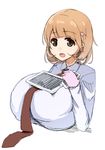  balancing breasts brown_eyes brown_hair cellphone gloves hair_ornament hairclip heart heart_hair_ornament highres hozumi_citrus huge_breasts looking_at_viewer narusawa_ryouka necktie object_on_breast occultic;nine phone short_hair simple_background sketch smartphone smile solo tablet_pc tawawa_challenge white_background 