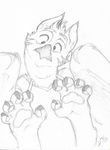 anthro avian barefoot beak bird claws clothed clothing feathered_wings feathers kona looking_at_viewer male monochrome pawpads paws prehensile_feet solo stripes teelhavok toes wings 