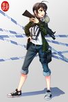  ahoge belt blue_eyes coat fang fur_trim gun h&amp;k_mp5 handgun heckler_&amp;_koch highres holster id_card looking_to_the_side ndtwofives original pouch rifle shoes sneakers solo submachine_gun weapon 