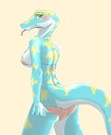  2016 anthro bikini blue_scales blush breasts butt camel_toe clothing female green_eyes looking_at_viewer looking_back multicolored_scales nipple_bulge non-mammal_breasts reptile scales scalie simple_background snake swimsuit undressing xan_(artist) 