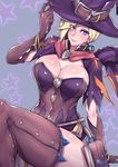  absurdres alternate_costume arm_support blonde_hair bracelet breasts cleavage commentary gggg hat highres jewelry large_breasts legs looking_at_viewer mercy_(overwatch) overwatch sitting smile solo star thighhighs thighs witch_hat witch_mercy 