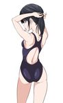  adjusting_hair ashisu_sahoto ass black_hair breasts brown_eyes competition_swimsuit cowboy_shot from_behind highres hiroyuki long_hair looking_back mangaka-san_to_assistant-san_to mouth_hold one-piece_swimsuit profile sideboob small_breasts solo swimsuit tying_hair white_background 