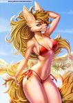  2016 5_fingers alanscampos anthro armpits bikini blonde_hair brown_nose clothing eyebrows eyelashes female fur green_eyes hair mammal midriff navel outside pink_fur sky smile solo standing swimsuit wide_hips 