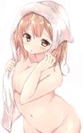  blush breasts highres i-26_(kantai_collection) kantai_collection large_breasts light_brown_eyes light_brown_hair long_hair looking_at_viewer navel nude open_mouth out-of-frame_censoring shiso_azuki solo towel 