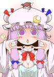  &gt;:o :o =3 \m/ bat_wings blush_stickers bow breasts capelet chibi chibi_on_head cleavage collarbone commentary_request crescent crescent_moon_pin gradient gradient_background hair_ribbon hat hat_bow head_wings koakuma long_hair long_sleeves looking_at_viewer minigirl mob_cap on_head patchouli_knowledge pink_background purple_eyes purple_hair red_hair ribbon short_sleeves touhou tress_ribbon v-shaped_eyebrows very_long_hair white_background wide_sleeves wings zannen_na_hito zzz 