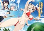  3girls arm_up armpits bikini black_hair blue_bikini blue_eyes breasts brown_hair character_request cleavage closed_eyes cloud collarbone day dual_wielding eyebrows eyebrows_visible_through_hair food from_below fruit glasses grin groin hair_between_eyes hair_over_eyes hair_ribbon highres holding holding_sword holding_weapon large_breasts long_hair looking_at_viewer multiple_girls navel novel_illustration official_art open_clothes open_mouth outdoors palm_tree red_bikini ribbon rongai_engineer_no_force_out saeki_hokuto school_swimsuit short_hair side-tie_bikini side_ponytail sideboob silver_hair sky small_breasts smile spiked_hair swimsuit sword tree underboob watermelon weapon white_ribbon you're_doing_it_wrong 