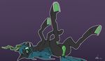  2016 absurd_res anus blue_hair changeling dock female feral friendship_is_magic glowing gradient_background green_eyes grin hair hi_res hole_(anatomy) horn insect_wings long_hair looking_at_viewer lying my_little_pony neko-me on_back pussy queen_chrysalis_(mlp) simple_background solo underhoof wings 