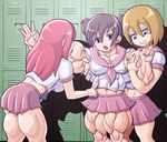  3girls abs biceps blue_eyes breasts brown_hair devmgf drooling extreme_muscles female grabbing grey_eyes large_breasts licking long_hair midriff miniskirt multiple_girls muscle pink_hair purple_hair school school_uniform thick_thighs twintails 