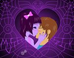  abstract_background arachnid arthropod bow brown_eyes brown_hair clothing colored_nails eyeshadow female hair hand_on_face human kissing makeup male mammal muffet multi_eye protagonist_(undertale) purple_hair romantic_couple silverspecs spider undertale video_games 