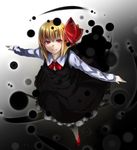  black_skirt black_vest blonde_hair bow bowtie breasts closed_mouth collared_shirt commentary_request darkness fang foreshortening frilled_skirt frills from_above full_body hair_ribbon looking_at_viewer looking_up ototobe outstretched_arms red_bow red_eyes red_footwear red_neckwear red_ribbon ribbon rumia shirt shoes short_hair skirt skirt_set small_breasts solo touhou vest white_shirt 