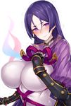  blush bodysuit breasts fate/grand_order fate_(series) fingerless_gloves gloves huge_breasts inayama long_hair looking_at_viewer minamoto_no_raikou_(fate/grand_order) purple_eyes purple_hair simple_background solo tears trembling very_long_hair 