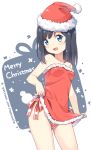 1girl bangs bare_arms bare_shoulders black_hair blue_eyes blush bow breasts chinese_commentary christmas collarbone commentary_request contrapposto dress dress_lift fur-trimmed_dress fur-trimmed_hat fur_trim gluteal_fold groin hat hatsunatsu head_tilt lifted_by_self long_hair looking_at_viewer merry_christmas original red_bow red_dress red_hat red_ribbon ribbon santa_costume santa_hat small_breasts solo standing strapless strapless_dress striped striped_bow striped_ribbon watermark web_address white_background 