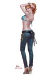  :d arm_tattoo arms_up artist_name artstation_sample ass bangle bangs bikini_top blue_pants bracelet breasts clima-tact contrapposto denim from_behind hair_tousle hand_in_hair high_heels holster image_sample in-hyuk_lee jeans jewelry lipstick log_pose long_hair looking_at_viewer looking_back makeup medium_breasts midriff nami_(one_piece) one_piece open_mouth orange_hair pants pink_lips pink_lipstick pocket signature simple_background smile solo staff standing strap_gap tattoo teeth white_background 