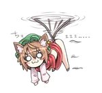  :3 animal_ears blush brown_hair cat_ears cat_tail chen chibi closed_mouth commentary flying full_body hat helicopter_tail jewelry long_sleeves looking_at_viewer mob_cap multiple_tails o_o ototobe short_hair single_earring solo tail touhou two_tails 