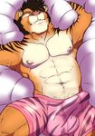  2016 abs anthro armpits bed biceps bird&#039;s-eye_view black_fur black_hair black_stripes boompuma boxers_(clothing) brown_fur bulge clothed clothing cougar digital_media_(artwork) erection erection_under_clothes eyes_closed feline fur hair hi_res high-angle_view hybrid inner_ear_fluff lying male mammal multicolored_fur muscular muscular_male navel nipples on_back on_bed pecs penis_outline pink_nipples pink_nose repzzmonster signature sleeping solo striped_fur stripes tiger underwear white_fur 