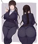  ass blush breasts brown_eyes brown_hair business_suit c.cu curvy formal huge_ass huge_breasts long_hair multiple_views open_mouth pant_suit pantylines plump pointer ponytail smile suit taut_clothes teacher thick_thighs thighs wide_hips 