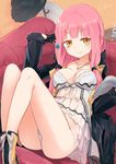  ass babydoll black_gloves blush book boots breasts coffee couch cup gloves hat highres homura_subaru jacket large_breasts lillian_ljungstrom long_hair looking_at_viewer open_clothes open_jacket original panties pink_hair smile solo steam table underwear white_panties yellow_eyes 