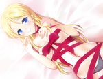  ayase_eli black_panties blonde_hair blue_eyes blush bonfurai bow eyebrows eyebrows_visible_through_hair long_hair love_live! love_live!_school_idol_project lying naked_ribbon navel on_back panties ribbon smile solo underwear 