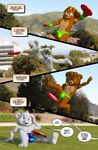  3d_(artwork) barefoot bear bulge chris_sutor cinnamon_(chris_sutor) clothed clothing cobalt_(chris_sutor) comic detailed_background dialogue digital_media_(artwork) duo english_text erection frisbee humanoid_penis jumping male mammal navel nipples outside penis photo_background poking_out skimpy speech_bubble text thong throwing topless 