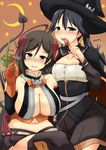  blush breasts candy cleavage cosplay demon_horns demon_tail demon_wings food halloween halloween_costume hat horns houshou_(kantai_collection) huge_breasts imagawa_akira kantai_collection lollipop long_hair looking_at_viewer mamiya_(kantai_collection) moon multiple_girls ponytail small_breasts smile tail thighhighs wings witch witch_hat 