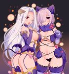  ;d animal_ears ass bare_shoulders blush breasts cleavage cowboy_shot dangerous_beast demon_girl demon_horns demon_tail demon_wings detached_sleeves elbow_gloves fate/grand_order fate/zero fate_(series) fur-trimmed_gloves fur-trimmed_legwear fur_trim garter_straps gloves hair_over_one_eye halloween_costume halloween_princess_(fate/grand_order) heart heart_tail horns irisviel_von_einzbern lace lace-trimmed_thighhighs large_breasts looking_at_viewer mash_kyrielight miyako_(xxxbibit) multiple_girls navel o-ring o-ring_top one_eye_closed open_mouth purple_eyes purple_hair revealing_clothes ribbon short_hair sideboob smile standing succubus tail thighhighs thong white_hair wings wolf_ears wolf_tail 