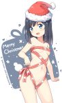  1girl bangs bare_arms bare_shoulders black_hair blue_eyes blush breasts christmas collarbone contrapposto fur-trimmed_hat fur_trim gluteal_fold hat hatsunatsu head_tilt long_hair looking_at_viewer merry_christmas naked_ribbon navel original red_hat red_ribbon ribbon santa_hat small_breasts solo standing striped striped_ribbon watermark web_address white_background 