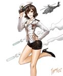  aircraft brown_hair character_name eden_hunter genie_(song) girls'_generation hat hat_tip helicopter high_heels long_hair medal military military_uniform missile naval_uniform open_mouth real_life salute short_shorts shorts sm_entertainment smile solo tiffany_(girls'_generation) uniform 