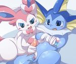  bdsm blue_eyes blush bondage bound bow canine censored cum cute duo eeveelution fangs feral fur itameshi male mammal nintendo open_mouth penis pok&eacute;mon ribbons simple_background sylveon tears vaporeon video_games 
