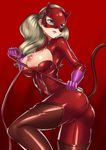  &gt;:) blonde_hair blue_eyes bodysuit breasts breasts_outside brown_legwear catsuit closed_mouth commentary_request gloves large_breasts long_hair mask nipples persona persona_5 purple_gloves red_bodysuit smile solo takamaki_anne thighhighs twintails v-shaped_eyebrows vanquice whip 
