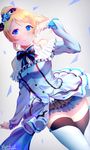  arm_up artist_name ayase_eli blonde_hair blue_eyes blush bow breasts closed_mouth dress dutch_angle earrings frilled_dress frilled_skirt frills gloves hair_bow hair_ornament jewelry kira-kira_sensation! long_hair looking_at_viewer love_live! love_live!_school_idol_project marshall_(wahooo) medium_breasts open_mouth ponytail ribbon skirt smile solo standing thighhighs white_gloves 