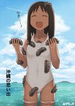  :d azumanga_daiou brown_hair closed_eyes cloud day hotaryuso kasuga_ayumu long_hair one-piece_swimsuit open_mouth school_swimsuit sea_cucumber smile solo standing swimsuit translated water white_school_swimsuit white_swimsuit 